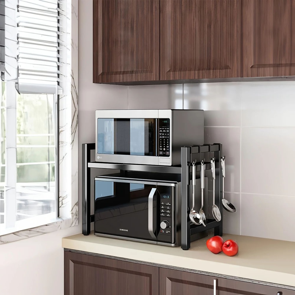 Expandable Microwave Oven Rack Kitchen Storage Shelf With 6 Hooks Organizer Holders 1