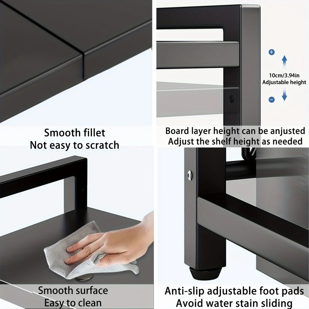 Expandable Microwave Oven Rack Kitchen Storage Shelf With 6 Hooks Organizer Holders 3