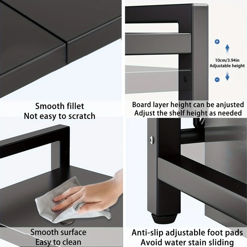 Expandable Microwave Oven Rack Kitchen Storage Shelf With 6 Hooks Organizer Holders 3
