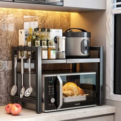 expandable microwave oven rack kitchen storage shelf with 6 hooks & organizer holders