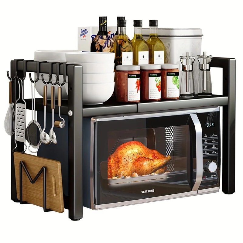 Expandable Microwave Oven Rack Kitchen Storage Shelf With 6 Hooks Organizer Holders 6