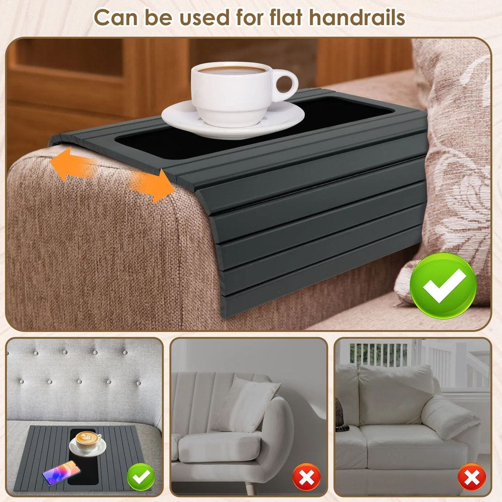 Wood Sofa Arm Tray Table With Cup Holder Folding Couch Armrest Organizer 0