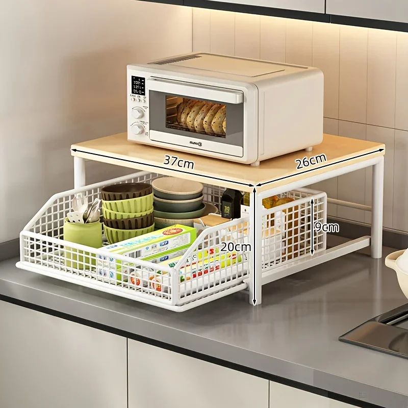 Modern Kitchen Microwave Storage Rack Solid Wood Metal Countertop SpaceSaving Organizer 2