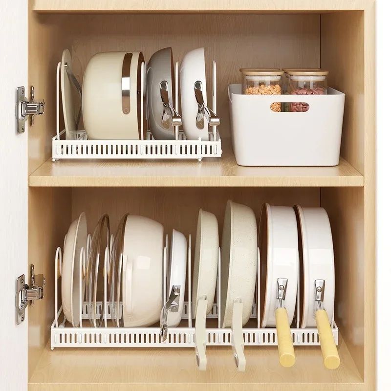 Adjustable Carbon Steel Pot Dish Storage Rack MultiLayer Retractable Cookware Organizer 4