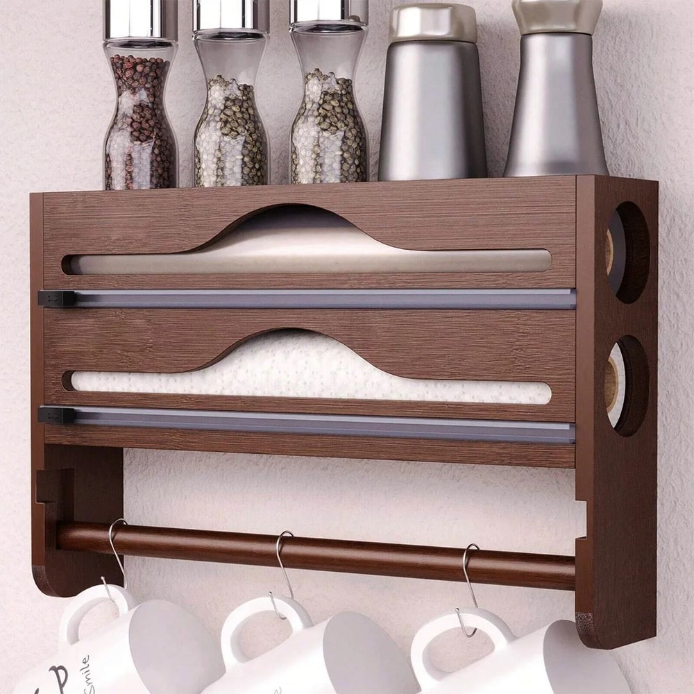 Bamboo Cling Film Foil Cutter Box Wall Mounted Kitchen Paper Towel Organizer With 2 Compartments 0