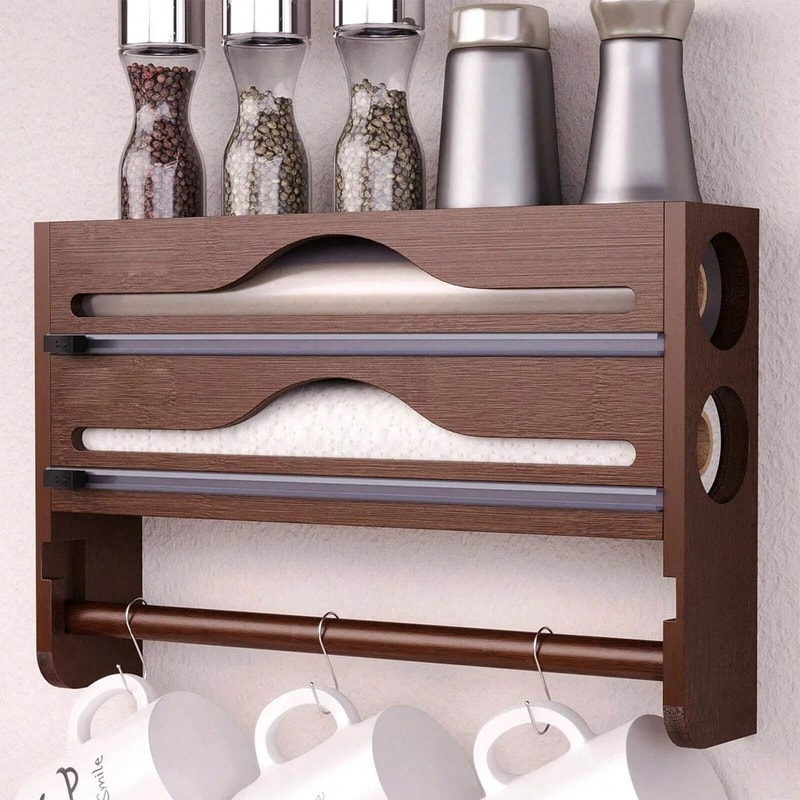 Bamboo Cling Film Foil Cutter Box Wall Mounted Kitchen Paper Towel Organizer With 2 Compartments 0