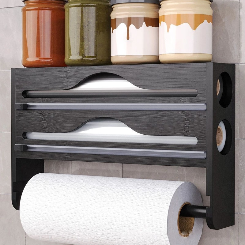 Bamboo Cling Film Foil Cutter Box Wall Mounted Kitchen Paper Towel Organizer With 2 Compartments 1