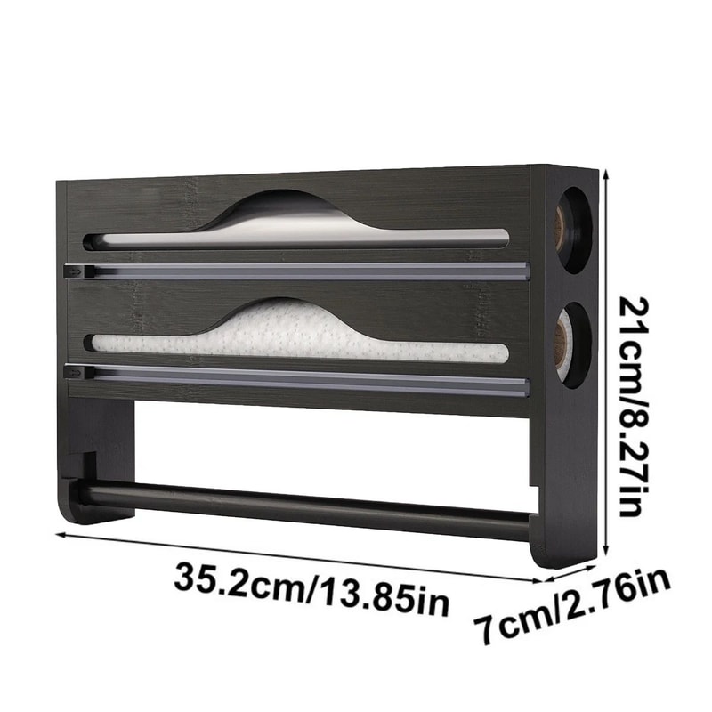 Bamboo Cling Film Foil Cutter Box Wall Mounted Kitchen Paper Towel Organizer With 2 Compartments 5