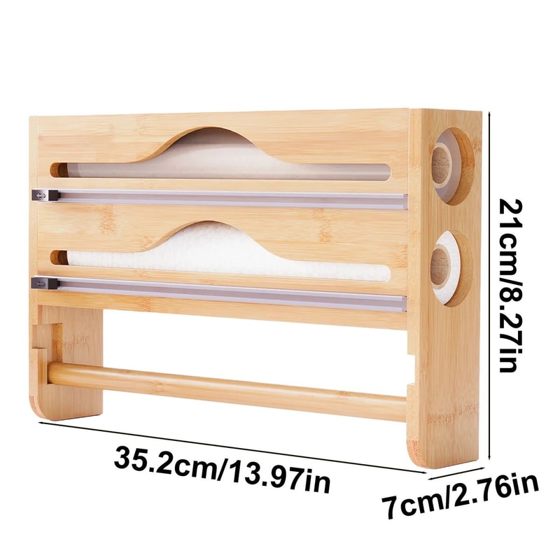 Bamboo Cling Film Foil Cutter Box Wall Mounted Kitchen Paper Towel Organizer With 2 Compartments 7