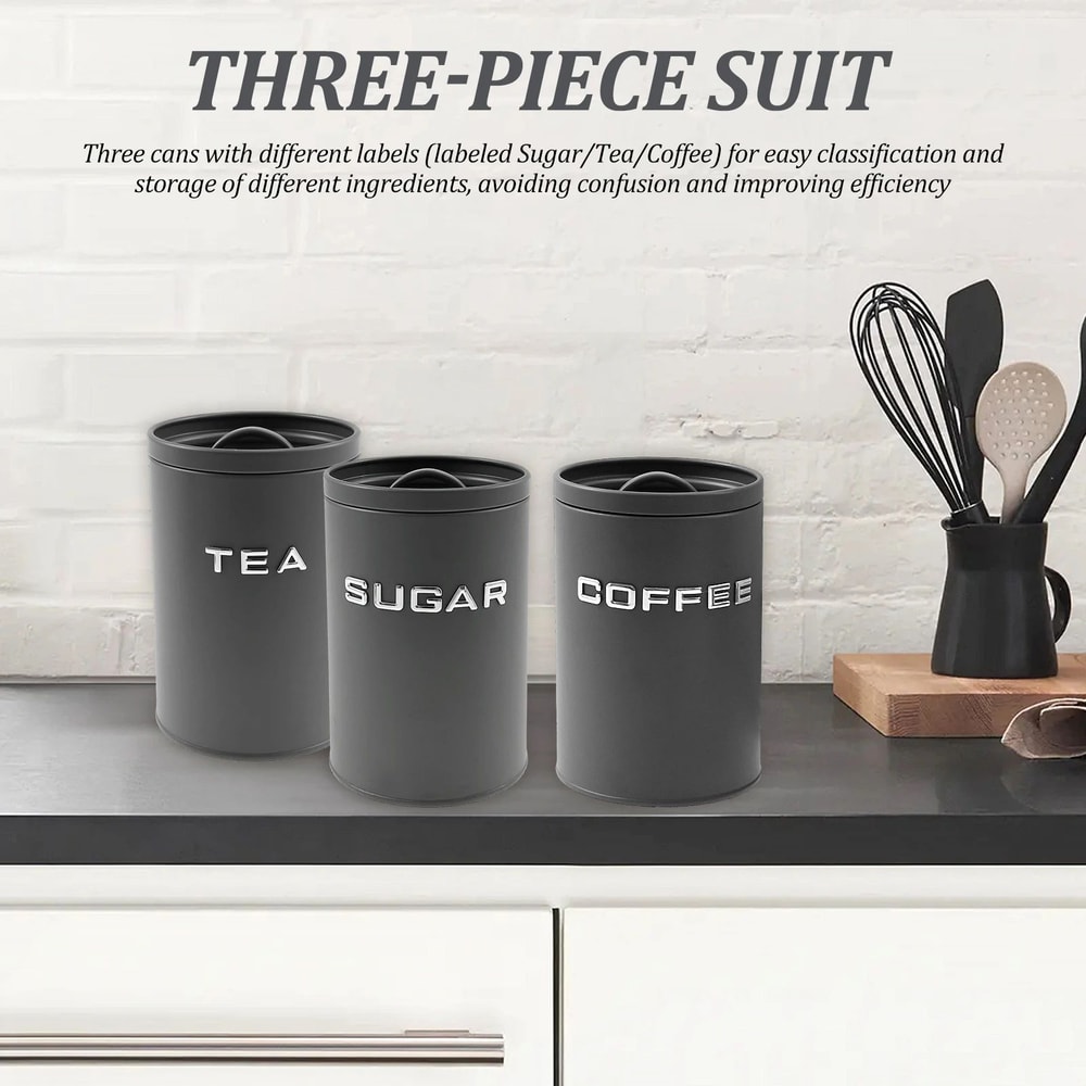3 Pcs Airtight Coffee Tea Sugar Canisters Vintage Galvanized Iron Kitchen Storage Jars With Lids 0