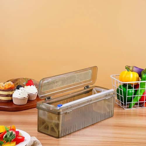 Plastic Wrap Dispenser with Sliding Cutter – PET Cling Film & Foil Organizer for Kitchen Storage