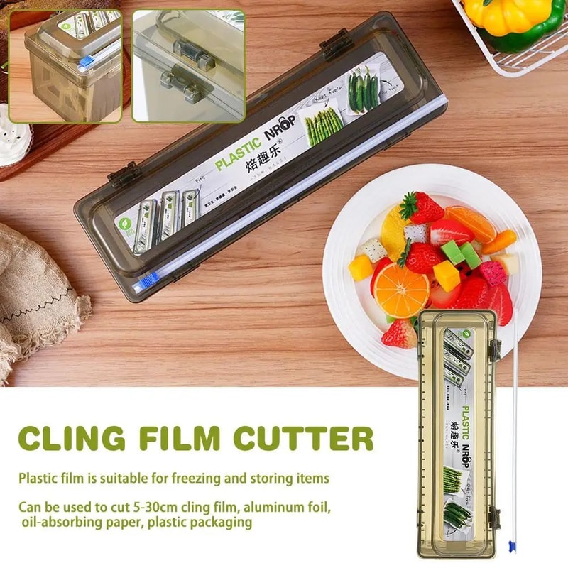 Plastic Wrap Dispenser With Sliding Cutter PET Cling Film Foil Organizer For Kitchen Storage 2