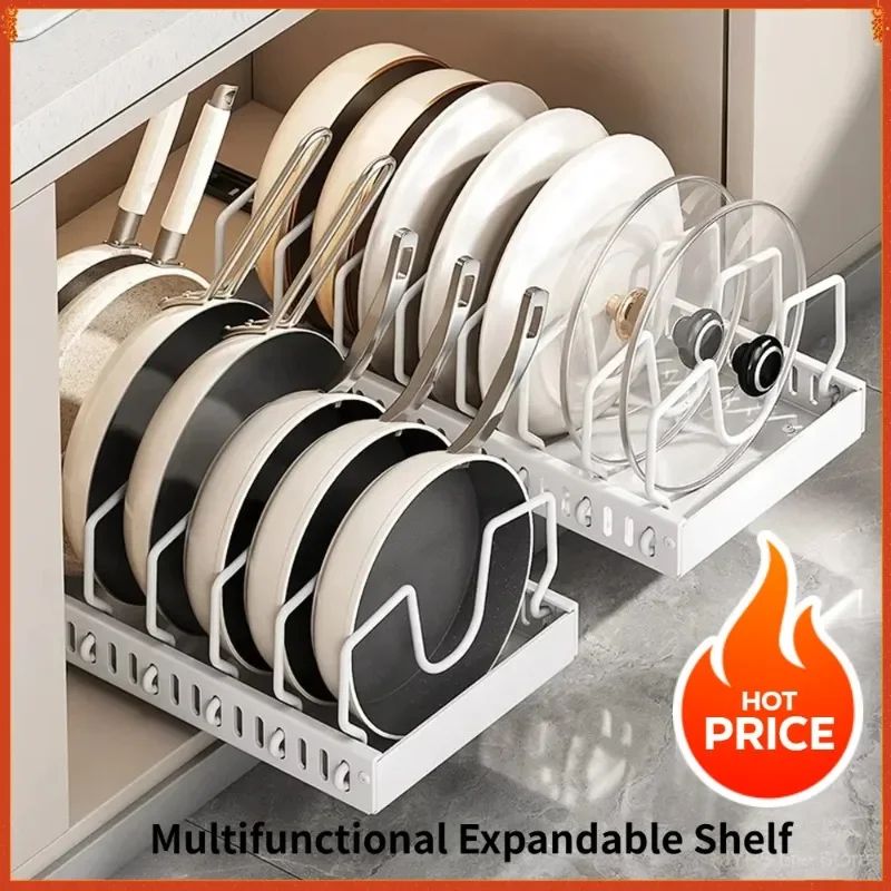 PullOut Kitchen Organizer Rack Adjustable Pot Pan Lid Storage Drawer 1