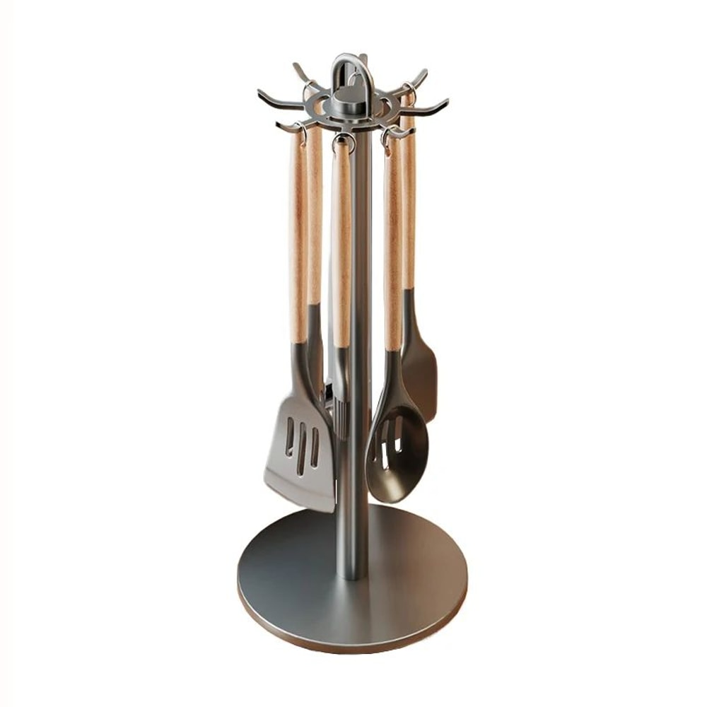Rotating Kitchen Utensil Stand With 8 Hooks Metal Countertop Cooking Tools Organizer 4