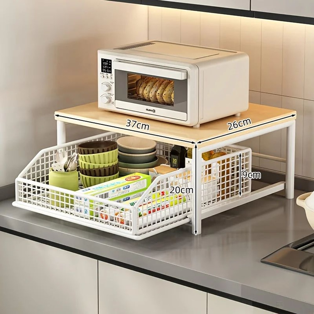 Modern Kitchen Microwave Storage Rack Solid Wood Metal Countertop Organizer Shelf 0