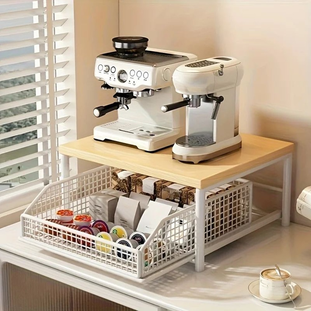 Modern Kitchen Microwave Storage Rack Solid Wood Metal Countertop Organizer Shelf 3