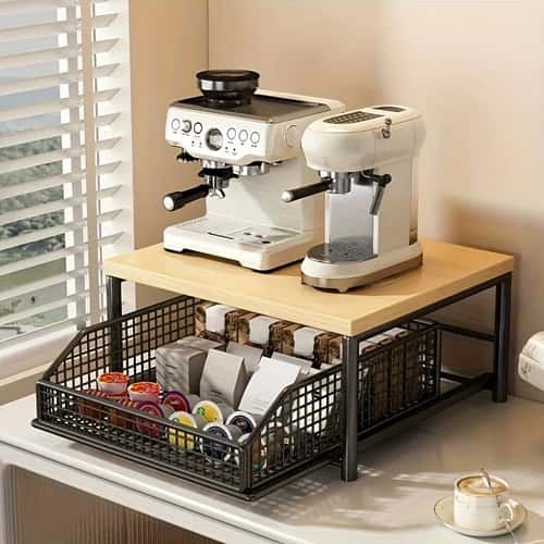 Modern Kitchen Microwave Storage Rack – Solid Wood & Metal Countertop Organizer Shelf