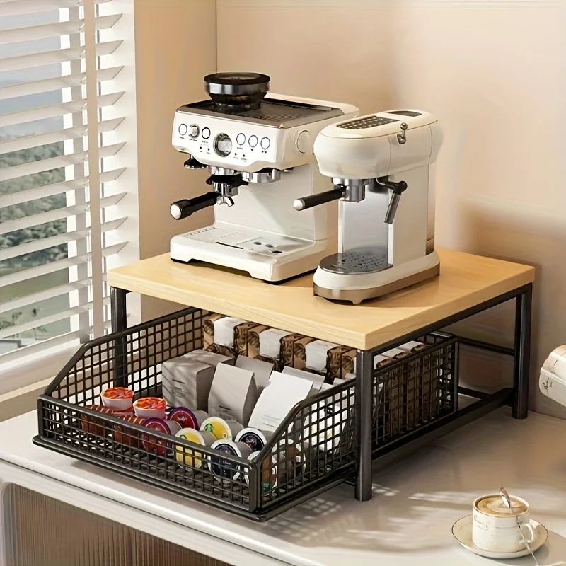 Modern Kitchen Microwave Storage Rack Solid Wood Metal Countertop Organizer Shelf 4