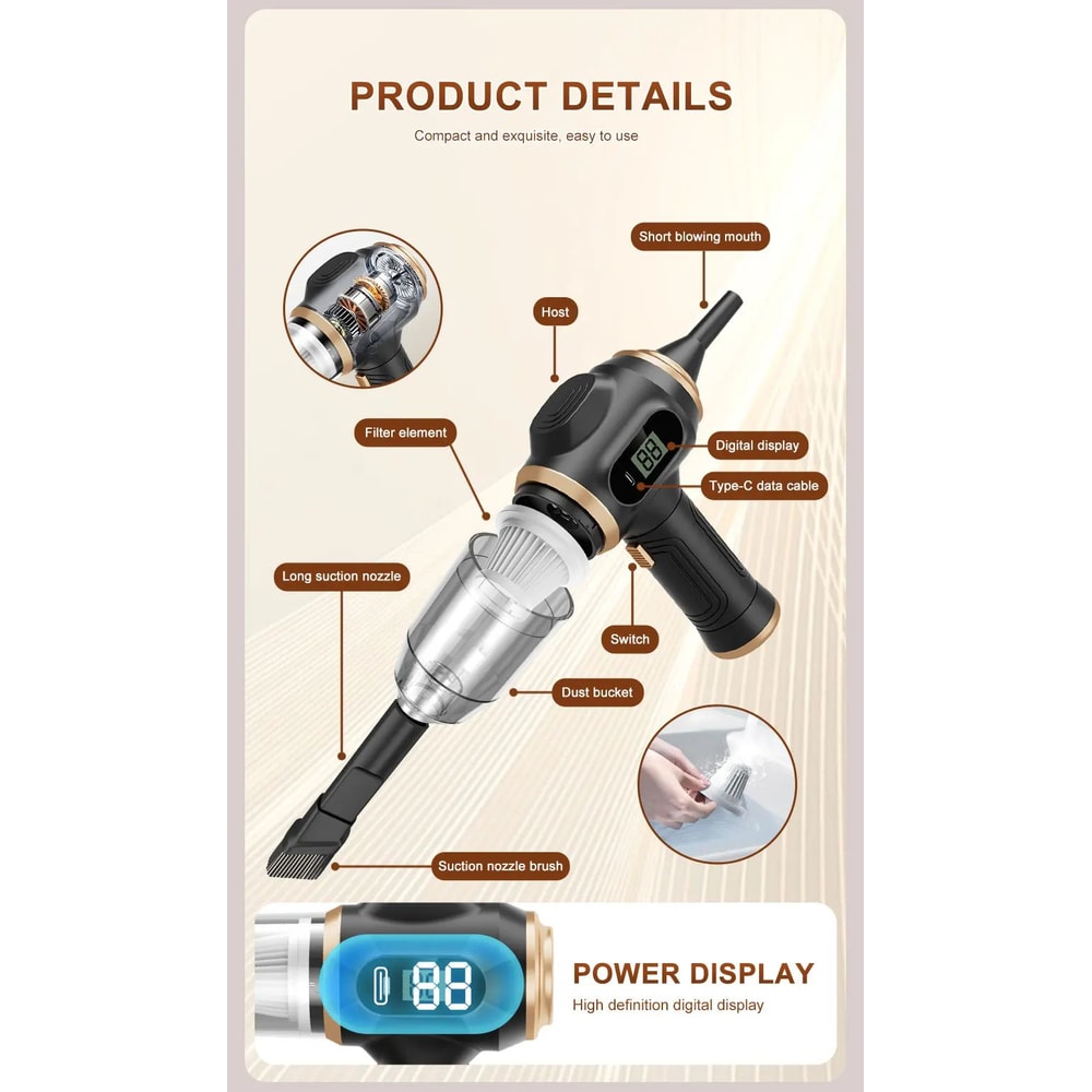 2in1 Cordless Air Duster Vacuum Cleaner Portable Digital Display Cleaner For Car Home Office 3