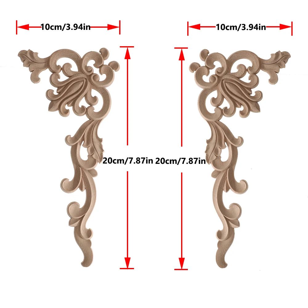 Elegant Rose Wood Carving Applique Set 2pcs European Floral Cabinet Furniture Decor Trim 22