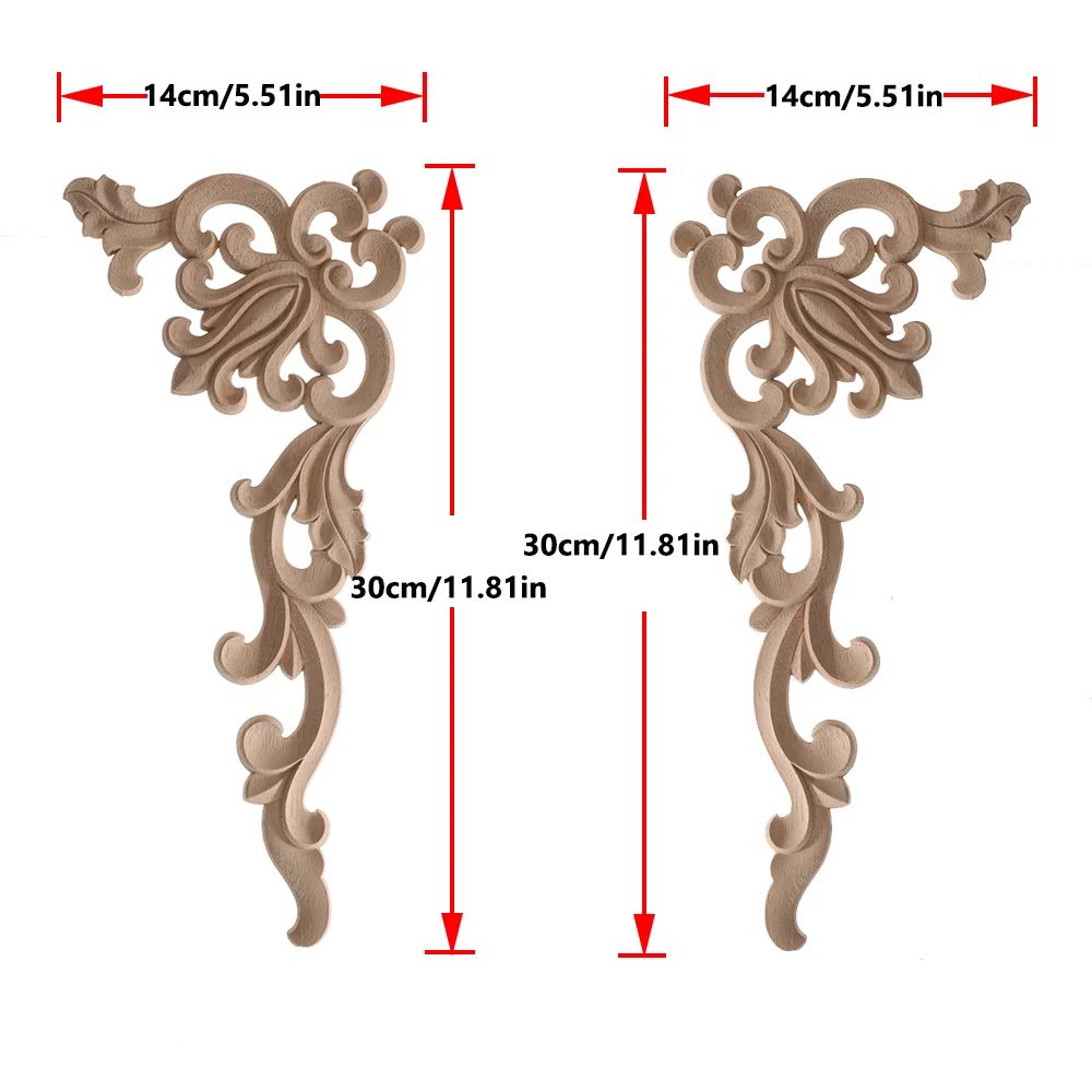 Elegant Rose Wood Carving Applique Set 2pcs European Floral Cabinet Furniture Decor Trim 23