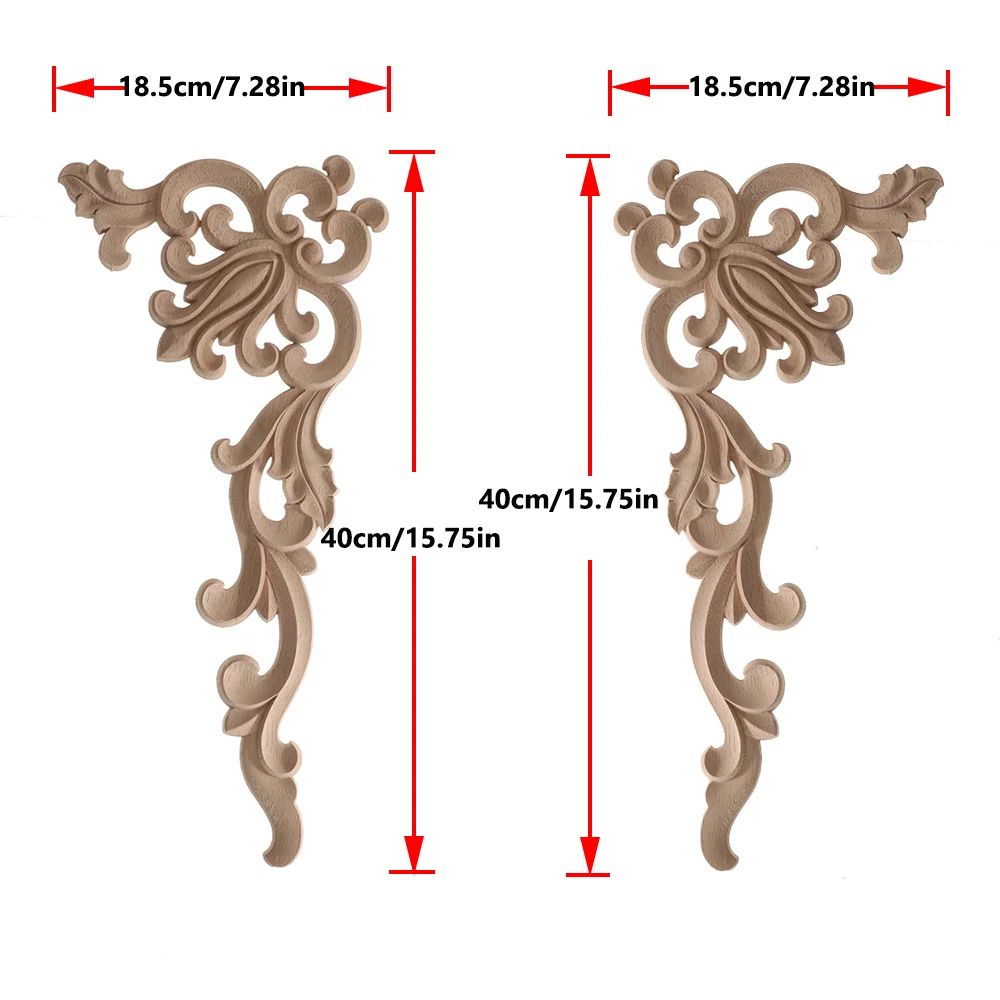 Elegant Rose Wood Carving Applique Set 2pcs European Floral Cabinet Furniture Decor Trim 24