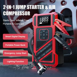 roadguard portable car jump starter with 150psi air compressor, tire inflator, power bank & led emergency light