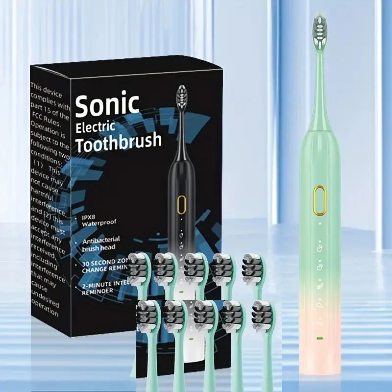 Rechargeable Electric Toothbrush Waterproof Sonic Rotary Teeth Cleaning Brush With 10 Replacement