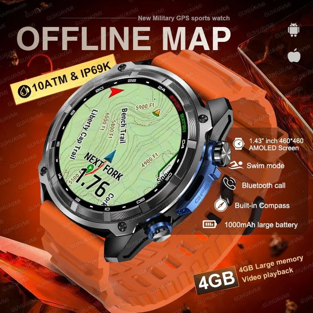 2025 Military GPS Smart Watch AMOLED Offline Map Fitness Tracker With Bluetooth Call 0