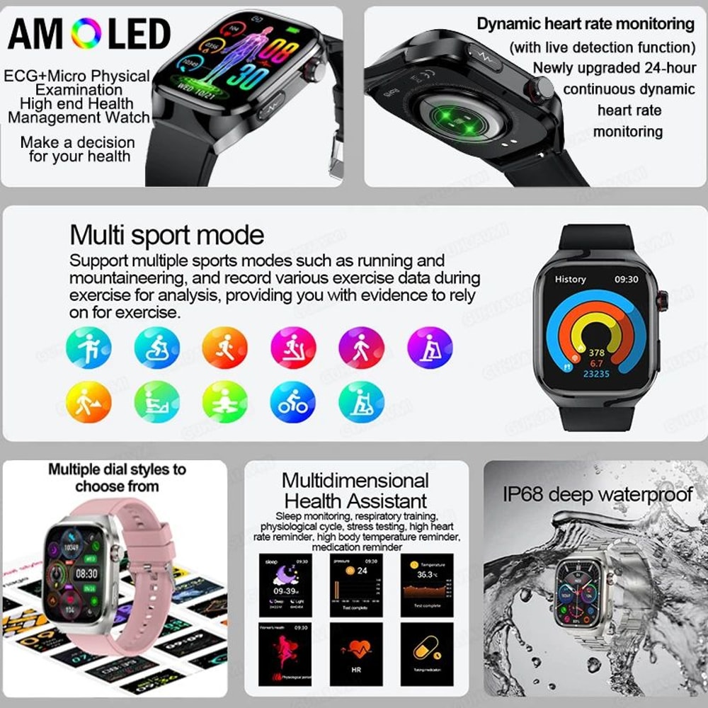 2025 Health Smart Watch AMOLED Bluetooth Call Fitness Tracker With ECG Wellness Monitoring 1