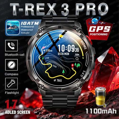 2026 T-Rex 3 Pro GPS Smart Watch – AMOLED Military Waterproof Fitness Tracker with Bluetooth Call