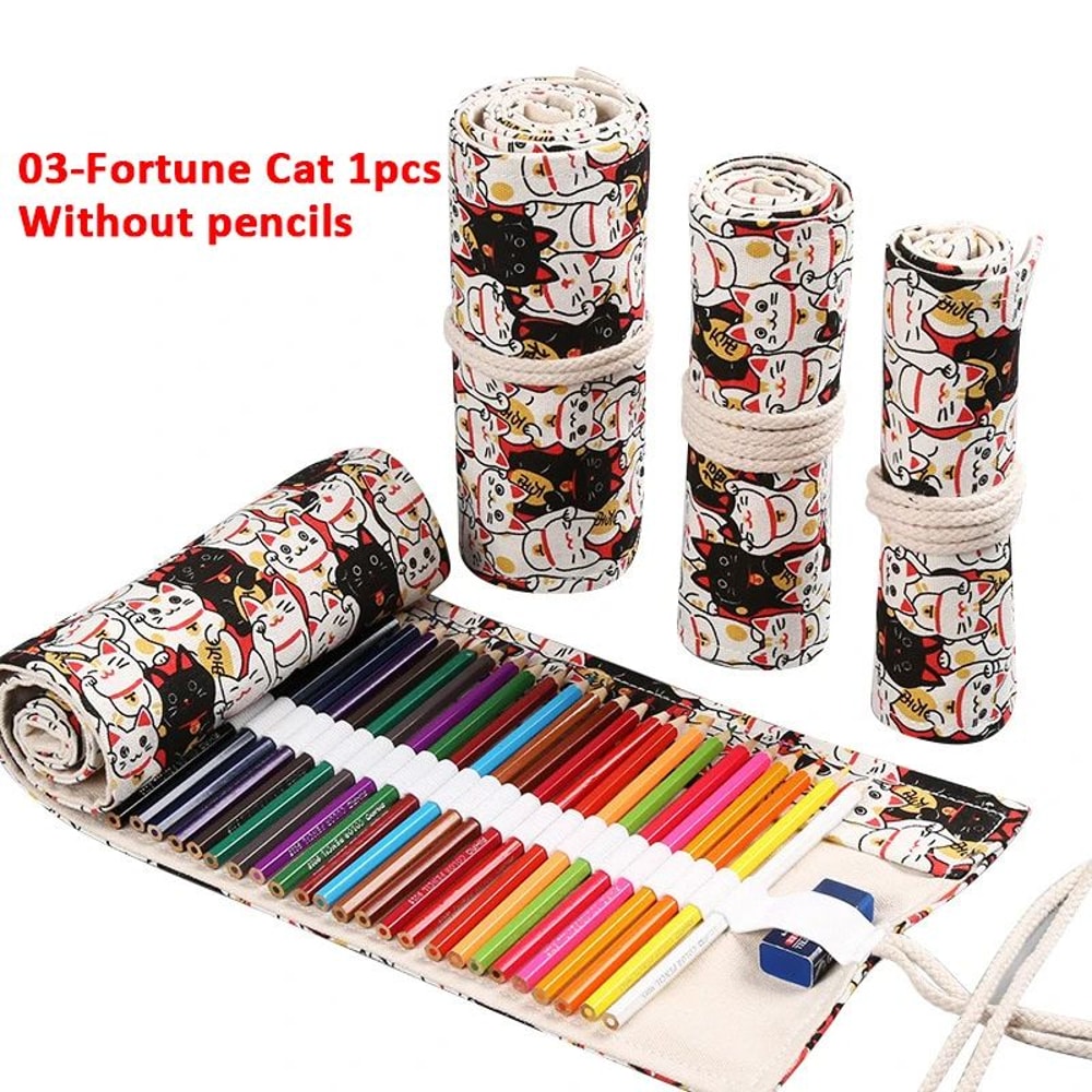 Canvas Roll Up Pencil Case Portable Brush Pen Organizer Cute Stationery Holder 16