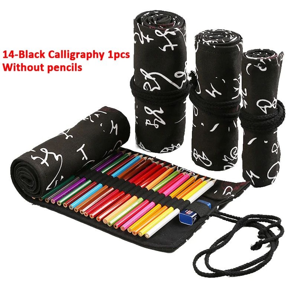 Canvas Roll Up Pencil Case Portable Brush Pen Organizer Cute Stationery Holder 17