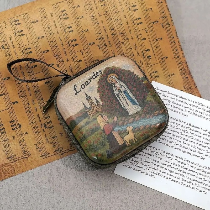 Portable Virgin Mary Rosary Storage Bag Zipper Christian Prayer Jewelry Case 1