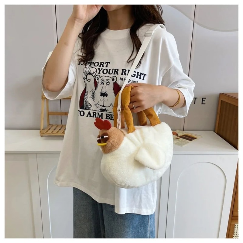 Cute Chicken Plush Shoulder Bag Soft Hen Shape Zipper Handbag For Girls 2