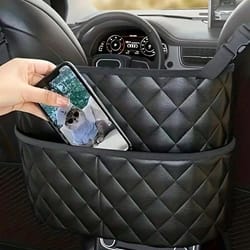 car middle seat storage net bag – pu leather large capacity hanging organizer for back seat & console