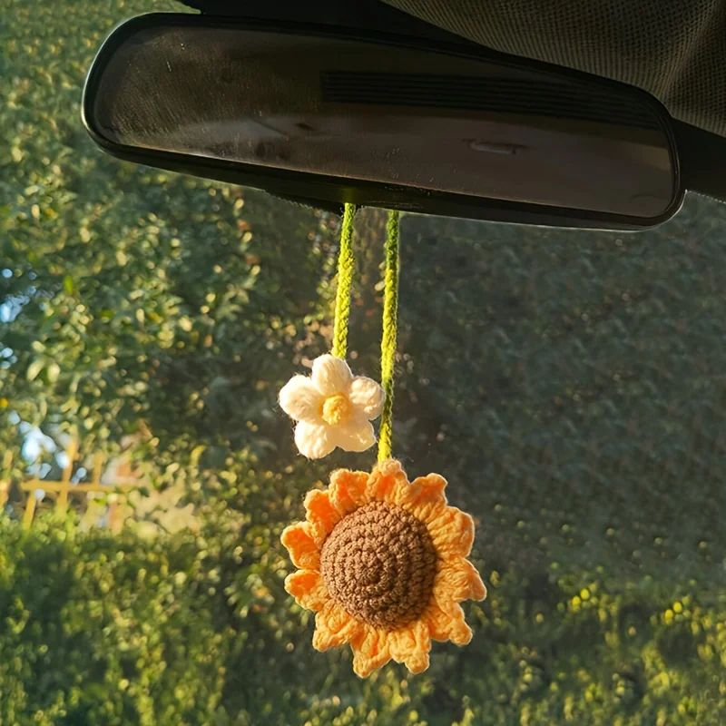 Handmade Sunflower Car Hanging Pendant Woven PP Cotton Rearview Mirror Decoration Accessory 0