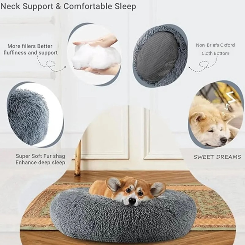 Round Plush Dog Bed Calming Pet Bed For Large Medium Small Dogs And Cats 3