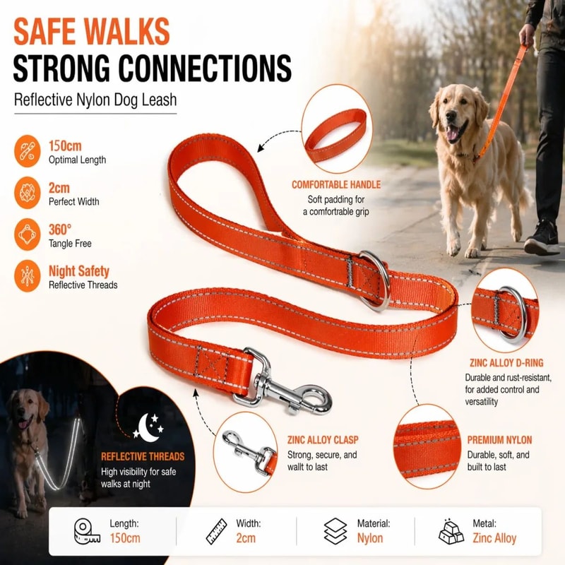 Reflective Nylon Dog Leash 5ft Heavy Duty Walking Lead With 360 Swivel Clasp Comfort Handle Night 3