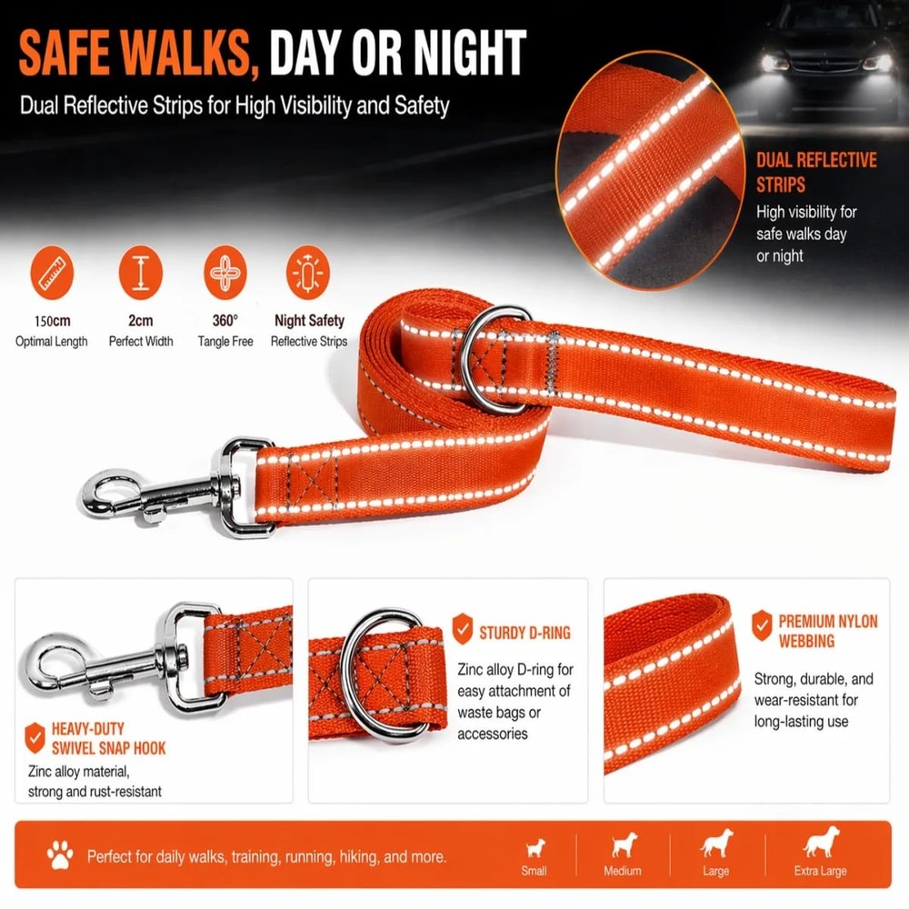 Reflective Nylon Dog Leash 5ft Heavy Duty Walking Lead With 360 Swivel Clasp Comfort Handle Night 4