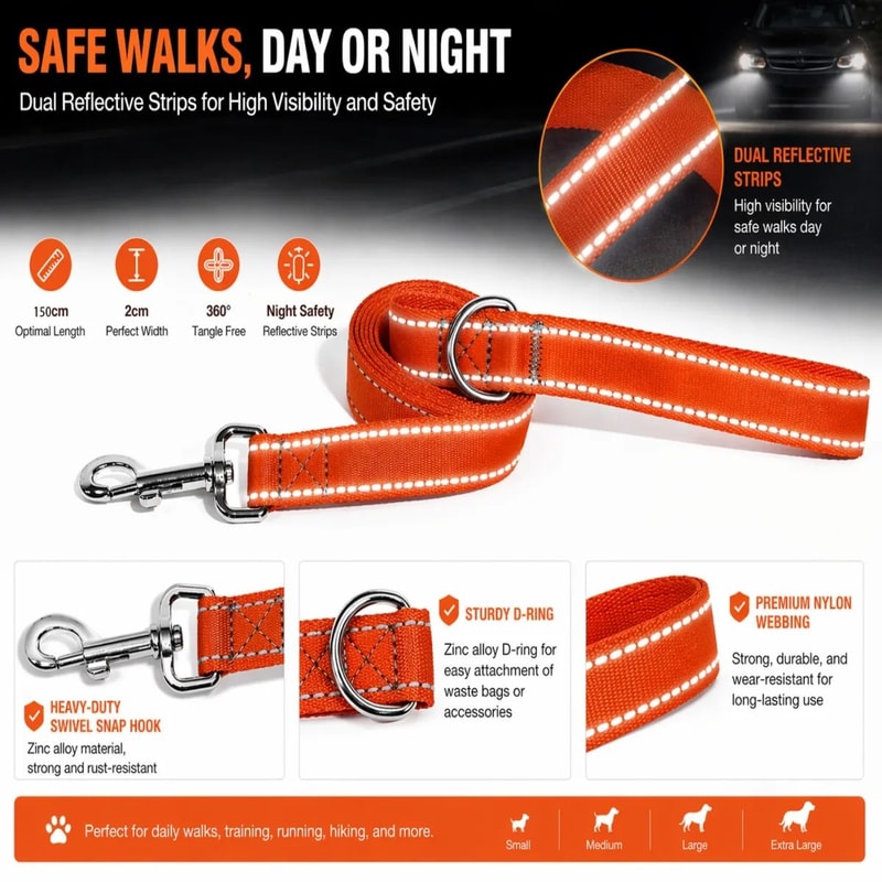 Reflective Nylon Dog Leash 5ft Heavy Duty Walking Lead With 360 Swivel Clasp Comfort Handle Night 4