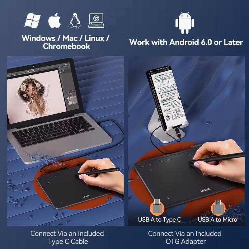 UGEE S640 Drawing Tablet 6 Inch Pen Pad With 8192 Pressure Stylus For Android Windows Mac 10