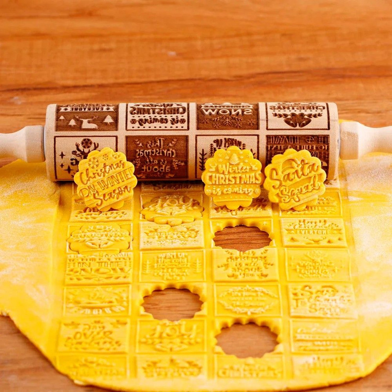 137in Wooden Christmas Embossed Rolling Pin Deep Engraved Cookie Dough Roller With Santa Reindeer