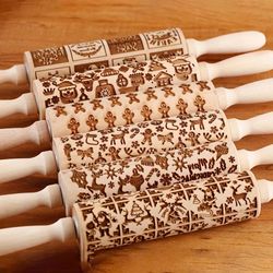 13.7in wooden christmas embossed rolling pin – deep engraved cookie dough roller with santa, reindeer & boots patterns