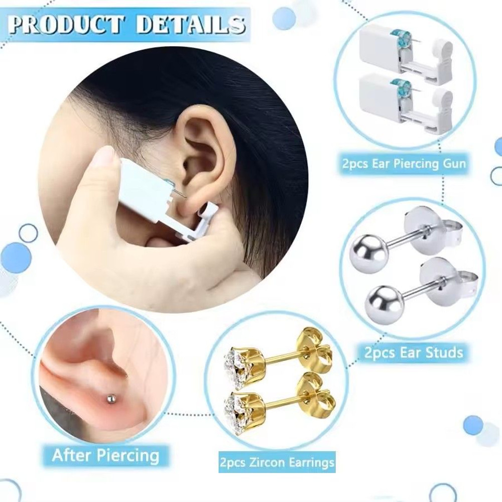 2PCS Disposable Ear Piercing Kit Builtin Stud Guns Bonus Cubic Zirconia Earrings Safe Easy Home 1