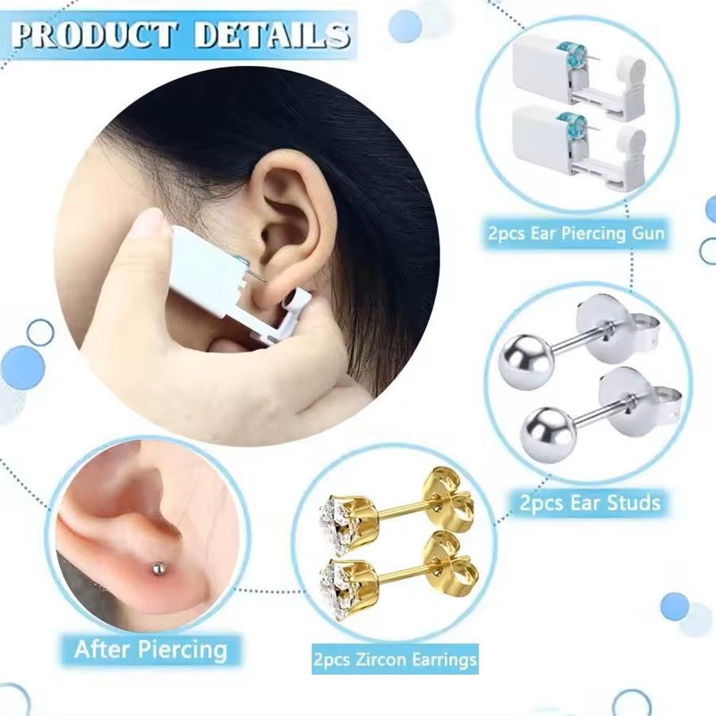 2PCS Disposable Ear Piercing Kit Builtin Stud Guns Bonus Cubic Zirconia Earrings Safe Easy Home 1