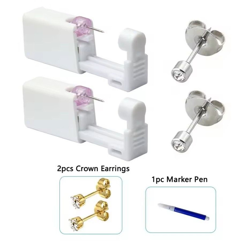 2PCS Disposable Ear Piercing Kit Builtin Stud Guns Bonus Cubic Zirconia Earrings Safe Easy Home 2