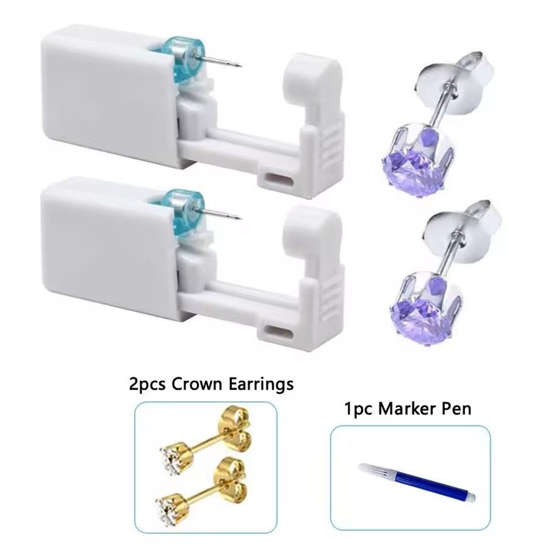 2PCS Disposable Ear Piercing Kit Builtin Stud Guns Bonus Cubic Zirconia Earrings Safe Easy Home 3