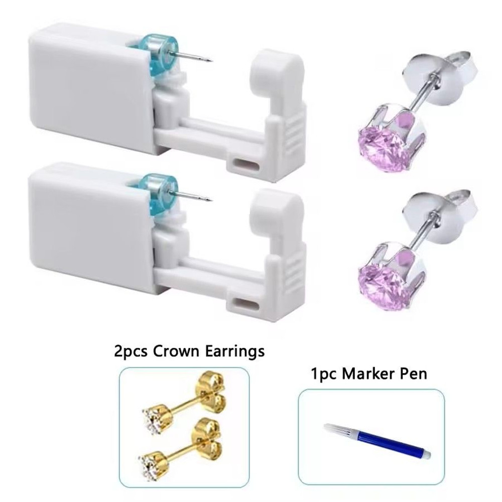 2PCS Disposable Ear Piercing Kit Builtin Stud Guns Bonus Cubic Zirconia Earrings Safe Easy Home 4