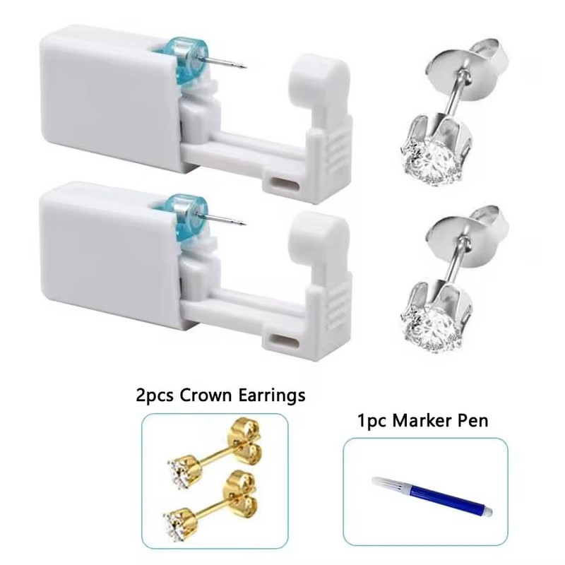 2PCS Disposable Ear Piercing Kit Builtin Stud Guns Bonus Cubic Zirconia Earrings Safe Easy Home 7